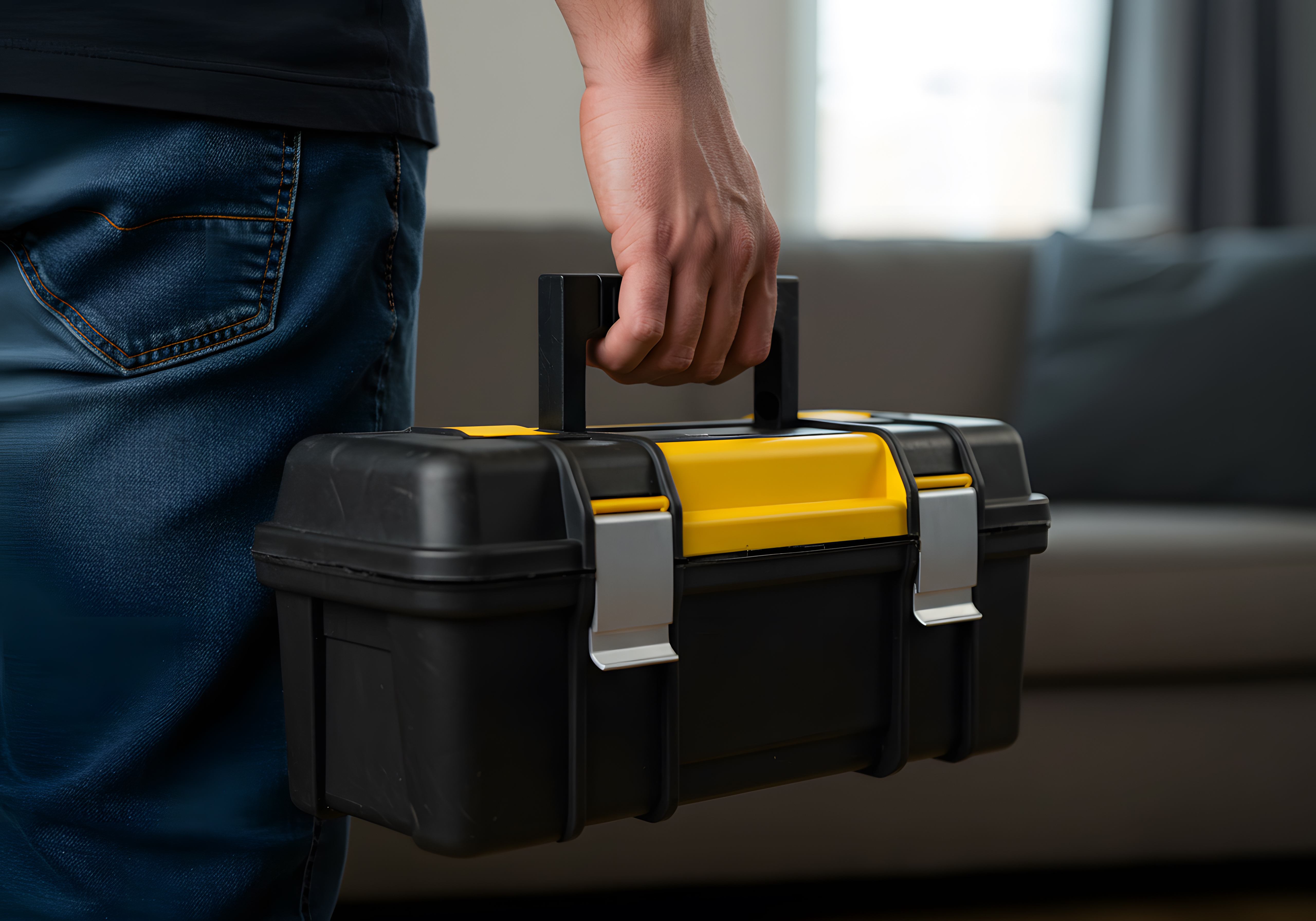 Man Carrying a Yellow and Black Plastic Toolbox Indoors