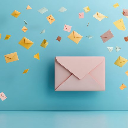 Floating yellow envelopes on a vibrant blue background symbolise modern email marketing and efficient communication in the digital age.