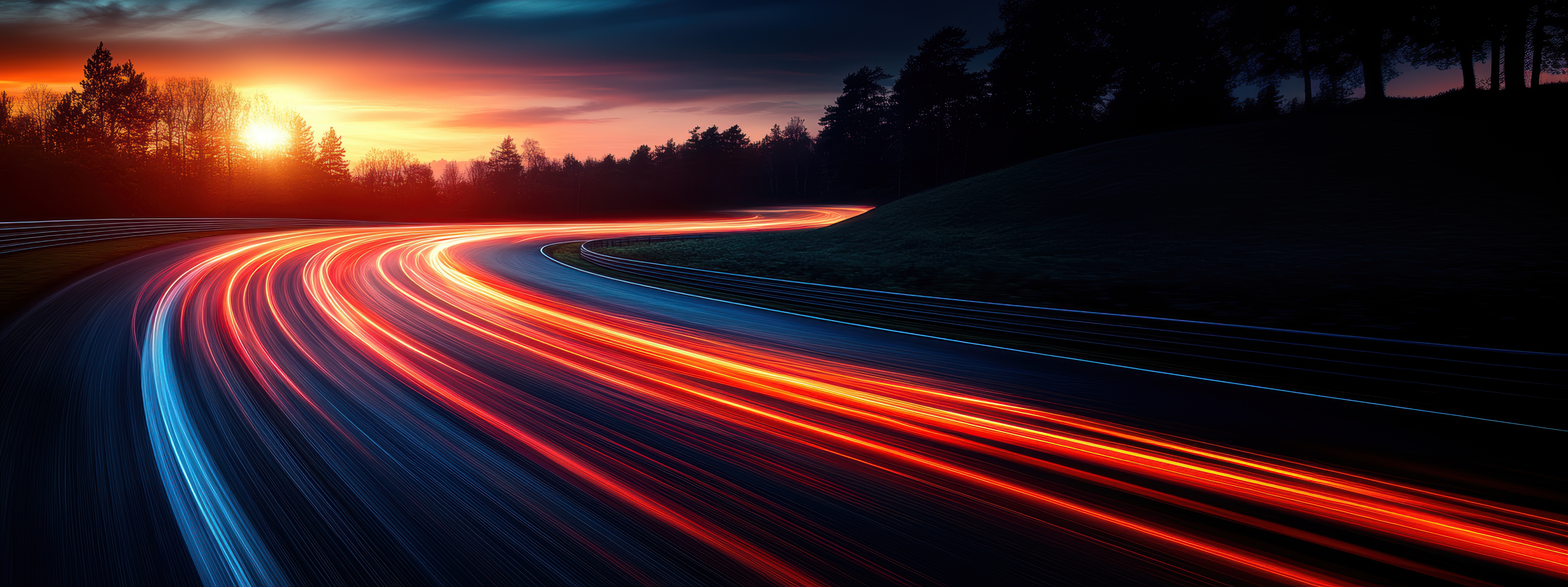 Abstract road illuminated by orange light trails representing speed and digitisation against a twilight urban backdrop.