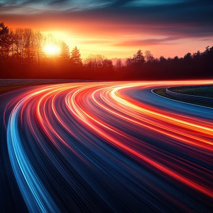 Abstract road illuminated by orange light trails representing speed and digitisation against a twilight urban backdrop.