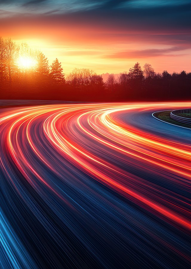 Abstract road illuminated by orange light trails representing speed and digitisation against a twilight urban backdrop.