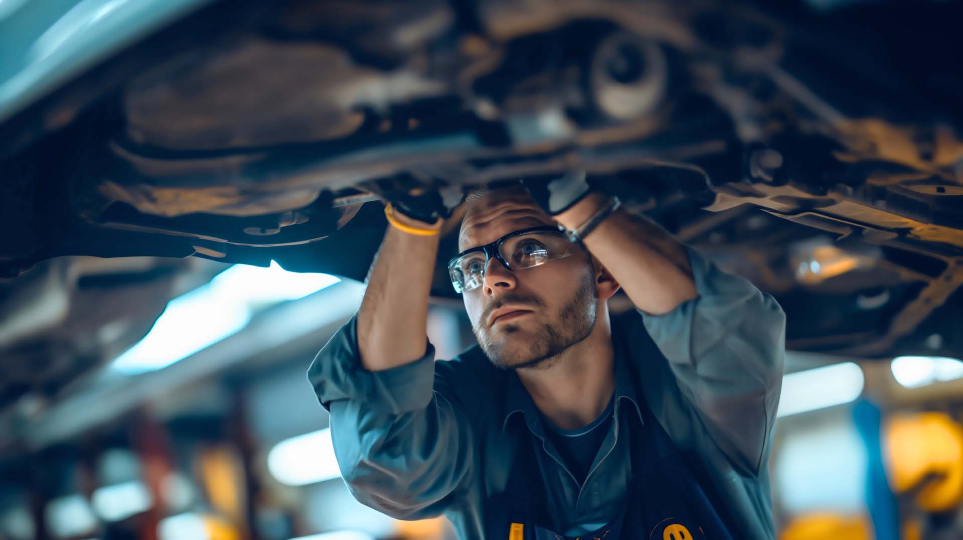 Vehicle mechanic standing under the car in a modern garage repairing or fixing vehicle.