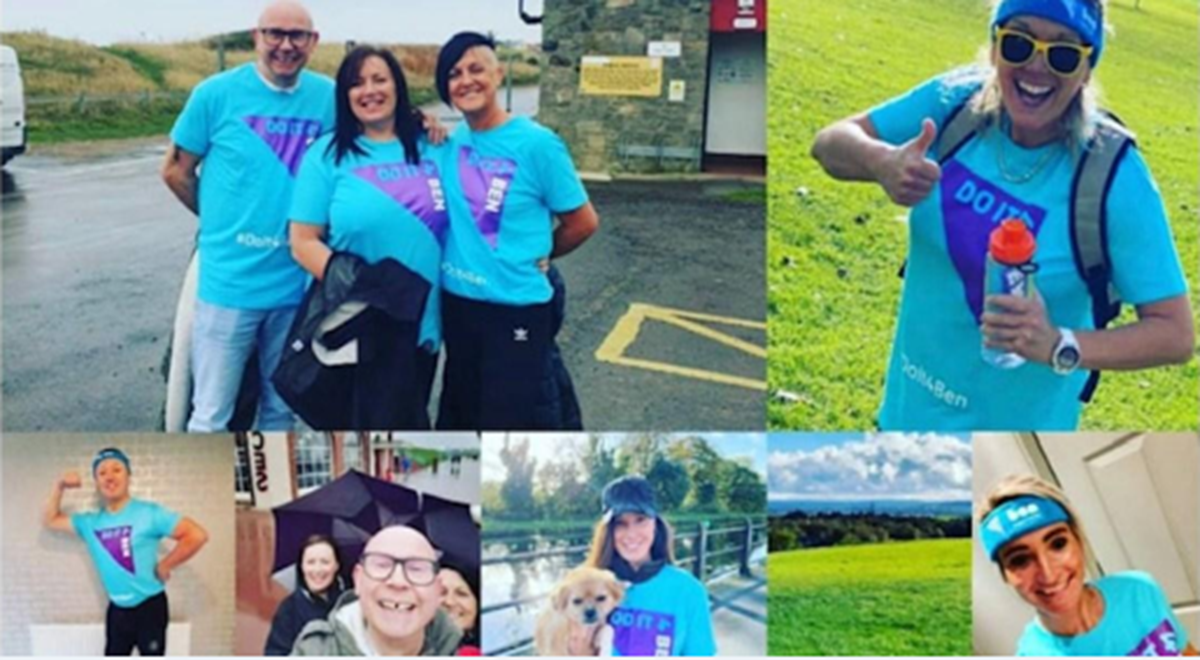 Collage of Benathlon participants in blue Ben 'Do It For Ben' T-shirts, walking, running and posing outdoors.