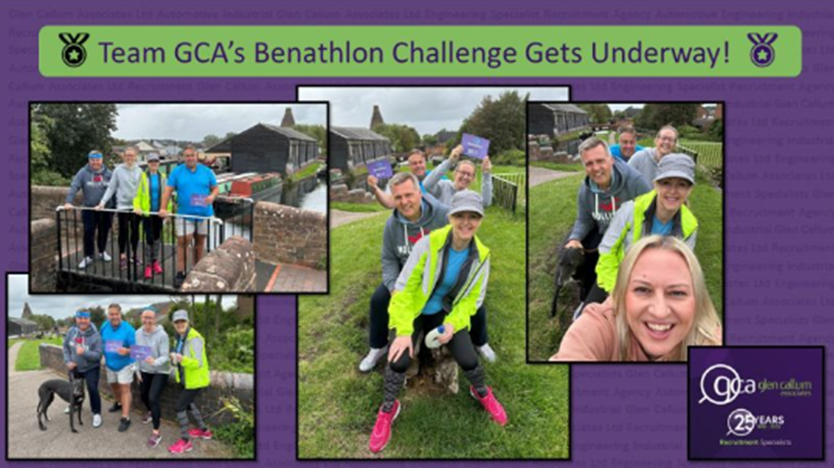Purple graphic headed "Team GCA's Benathlon Challenge Gets Underway!" with photos of the Glen Callum Associates team walking beside a canal in Ben T-shirts and hi-vis jackets, and the company's 25 years logo.