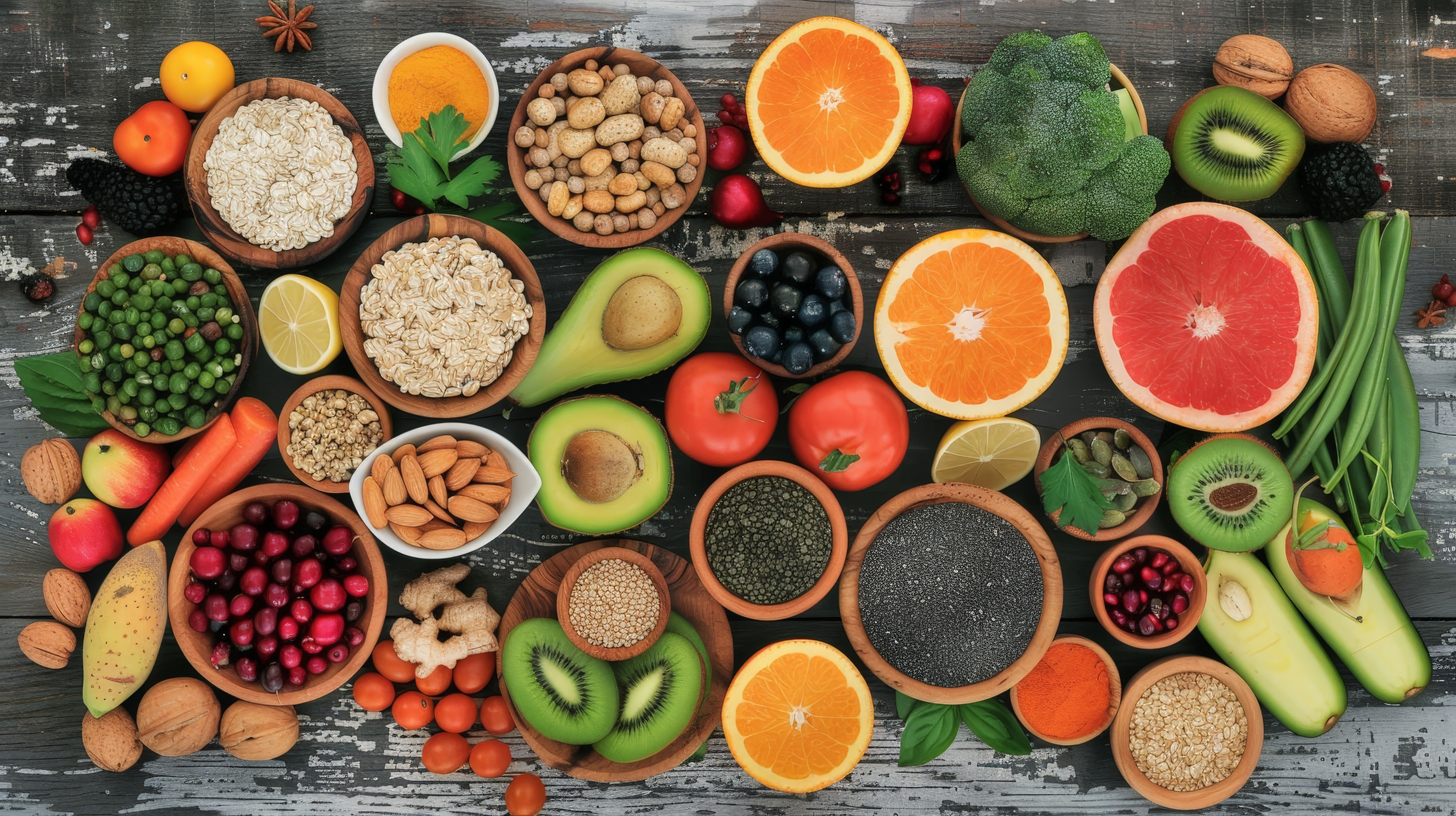 Overhead spread of healthy foods on a rustic wooden table, including fresh fruit, vegetables, nuts, seeds, oats and pulses in bowls.