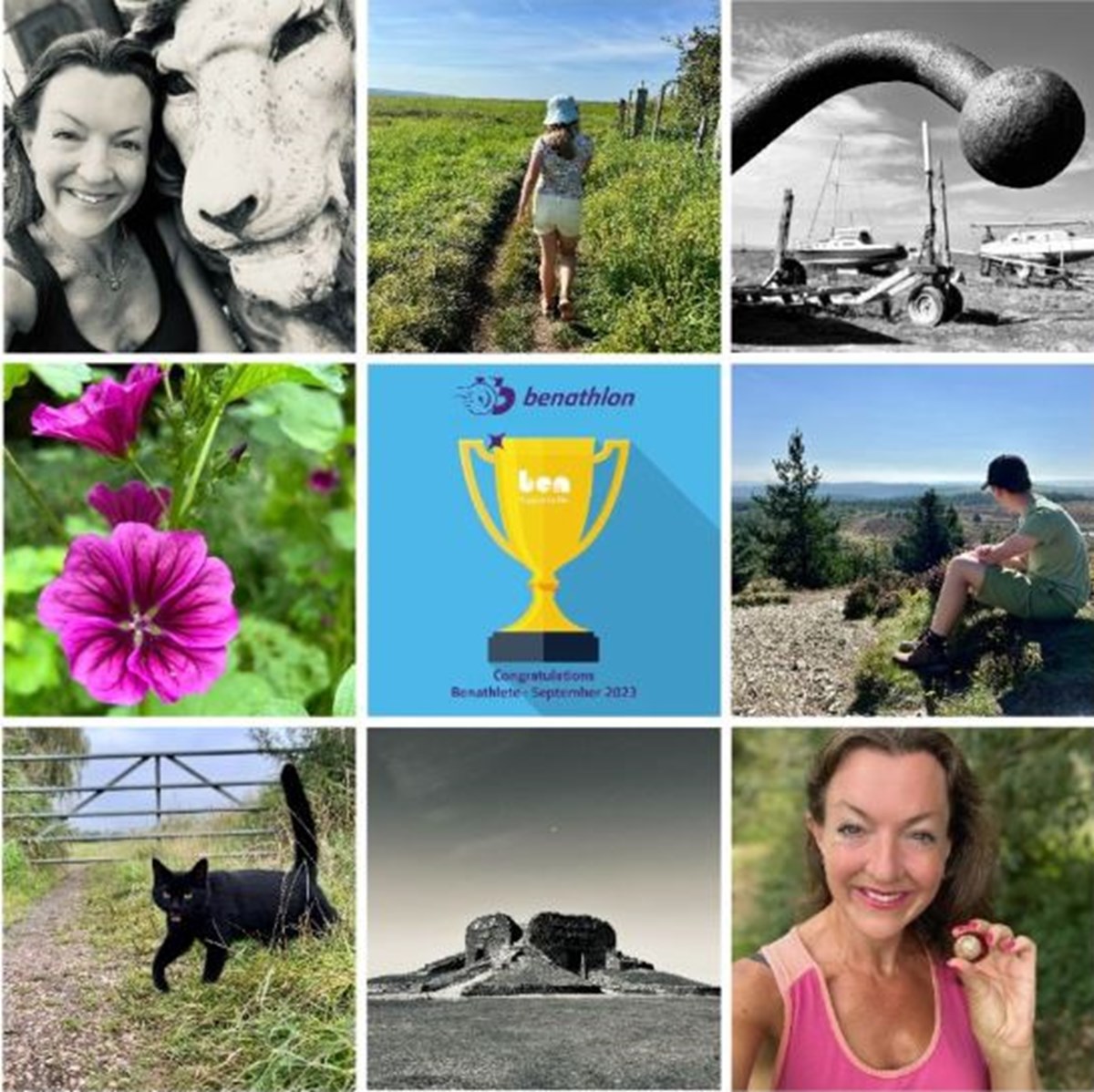Collage of a Benathlon participant's photos: selfies, countryside walks, a black cat on a path, flowers, and a Benathlon trophy graphic reading "Congratulations Benathlete - September 2023".