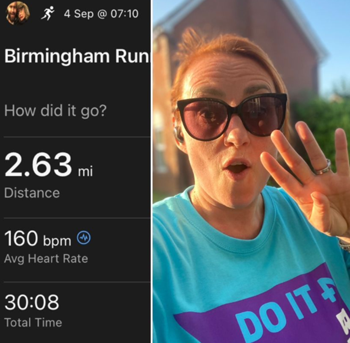 Running app screenshot reading "Birmingham Run, 2.63 mi Distance, 160 bpm Avg Heart Rate, 30:08 Total Time", beside a selfie of a woman in sunglasses and a blue "Do it" T-shirt holding up her hand.