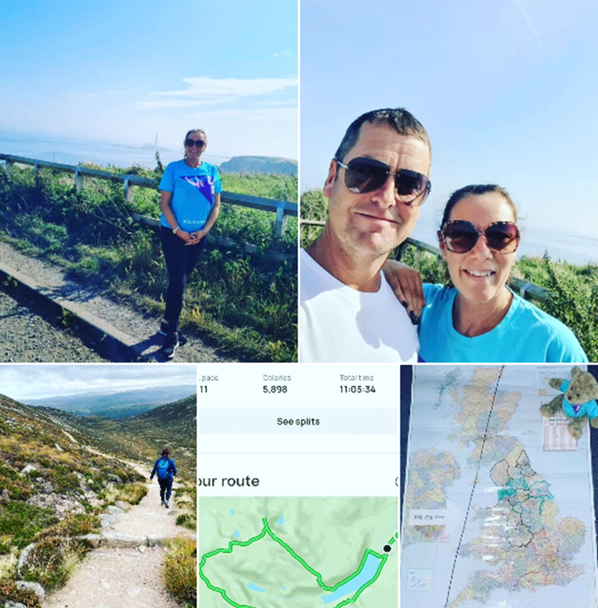 Collage of a Benathlon fundraiser: a woman in a blue Ben T-shirt on a coastal path, a couple smiling in the sunshine, a walker on a mountain trail, a fitness app screen showing 5,898 calories and a total time of 11:05:34 with a route map, and a map of the UK marked with a route.