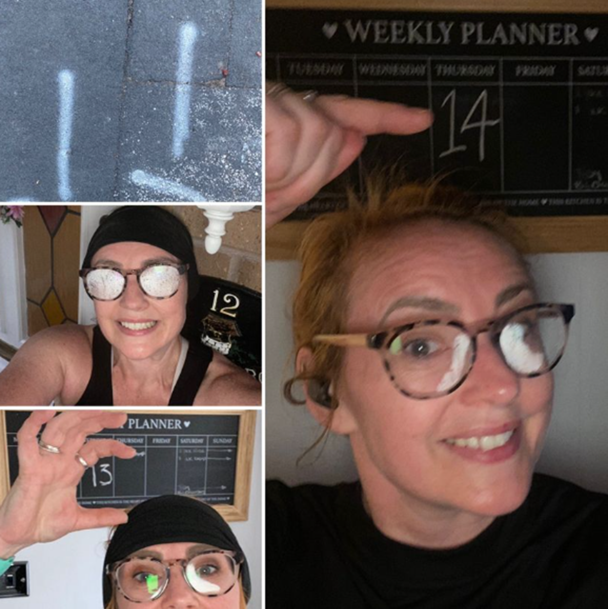 Collage of a woman taking daily selfies to log her challenge, pointing to dates 12, 13 and 14 on a weekly planner, plus chalk marks on a pavement.