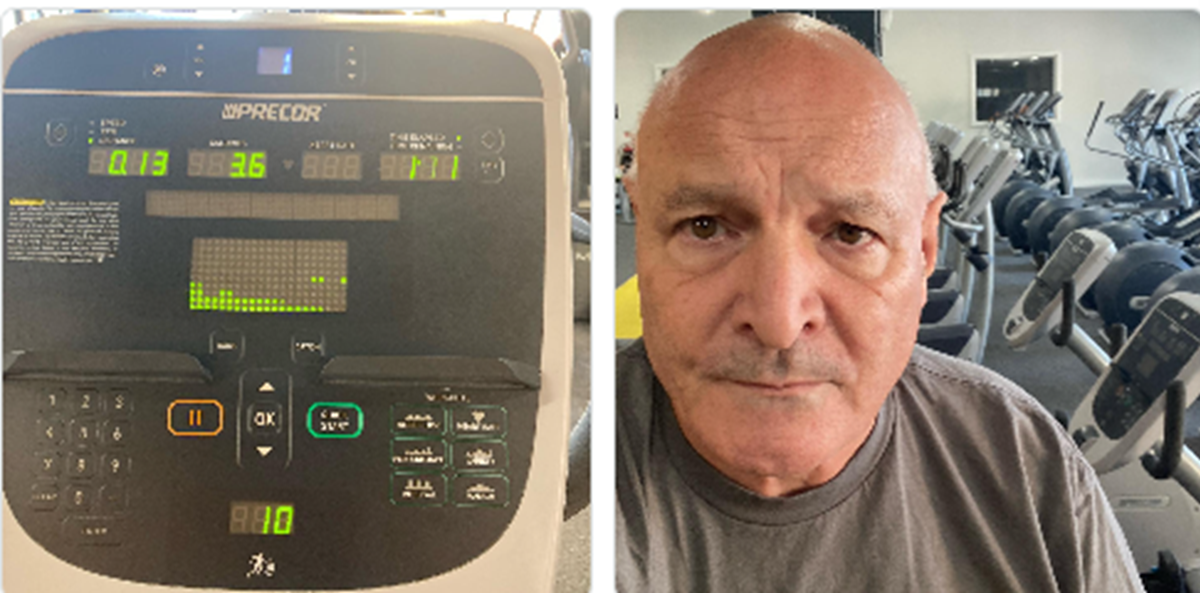 A gym machine display showing workout stats alongside a selfie of a man in the gym.