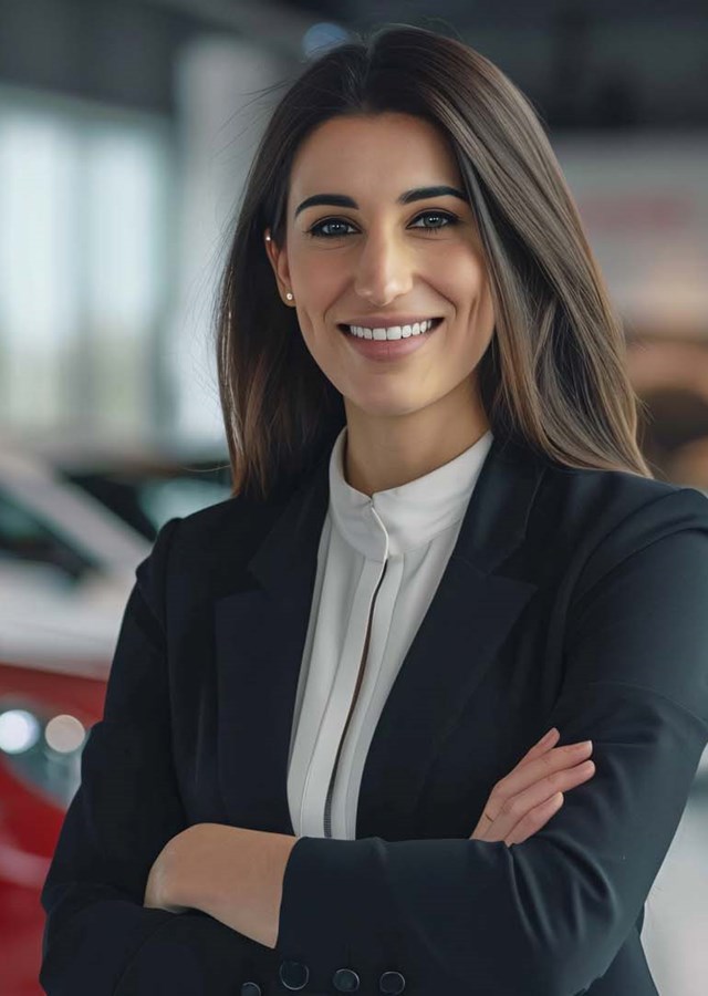 Professional businesswoman in a luxury high-end auto dealership, surrounded by expensive cars. 