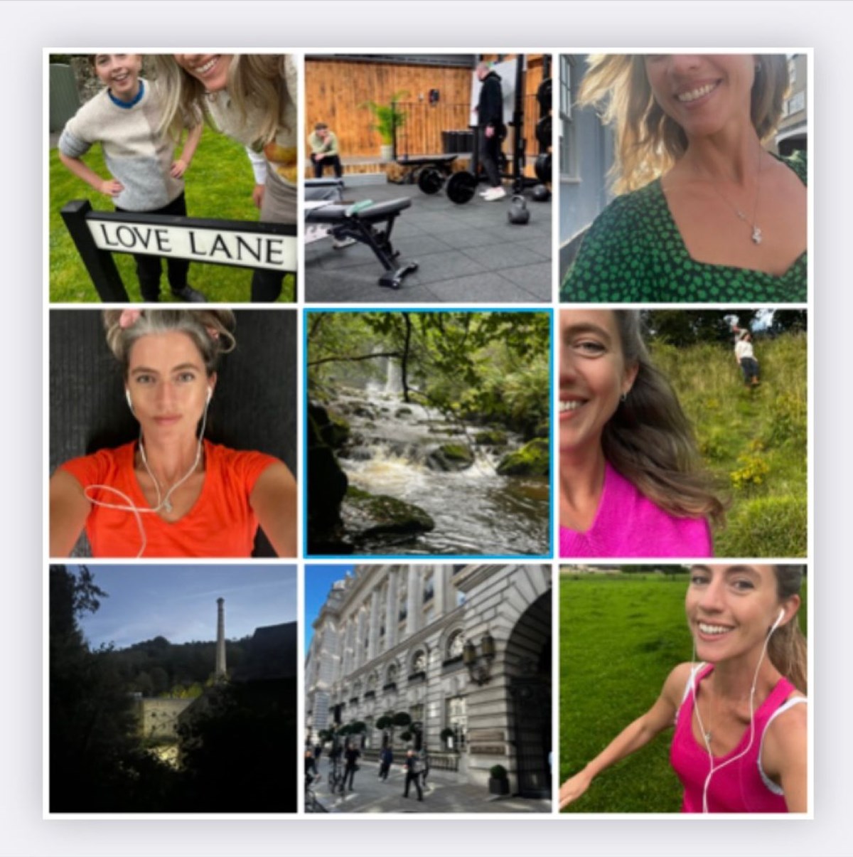 Collage of nine photos: a woman taking running selfies, a child by a 'Love Lane' street sign, a gym set-up, a woodland stream, countryside walks and a city street.