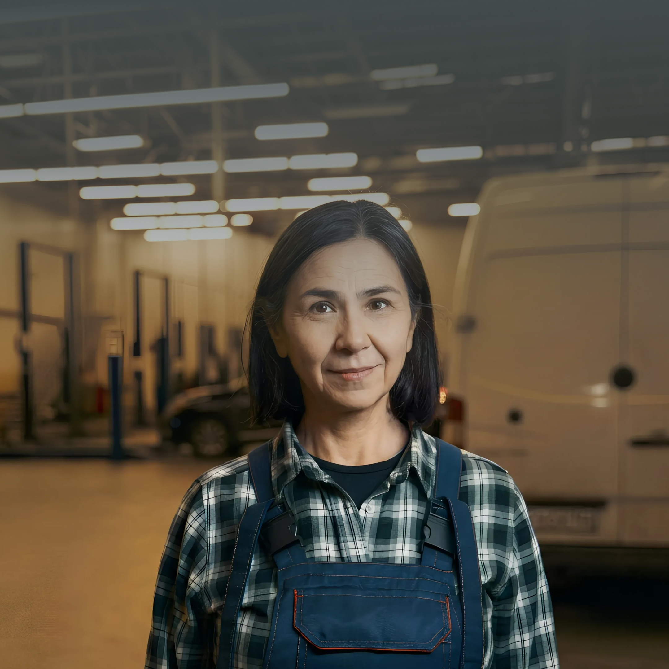 A woman in overalls and a checked shirt standing in a vehicle workshop, smiling at the camera.