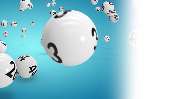 Numbered white lottery balls floating against a blue background