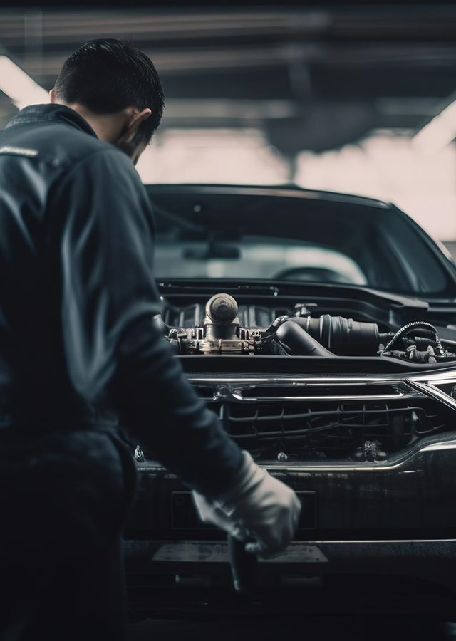 Outreach, mechanic standing in front of a car in a garage