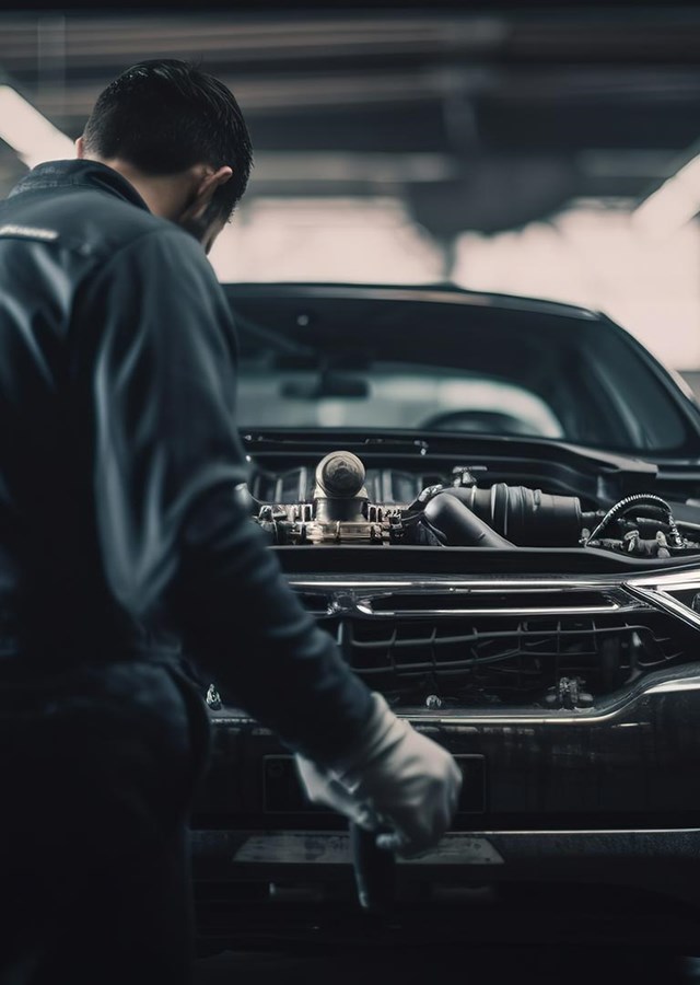 Outreach, mechanic standing in front of a car in a garage
 