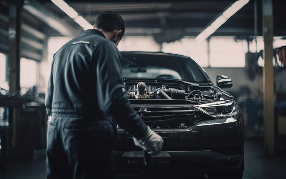 Outreach, mechanic standing in front of a car in a garage
 