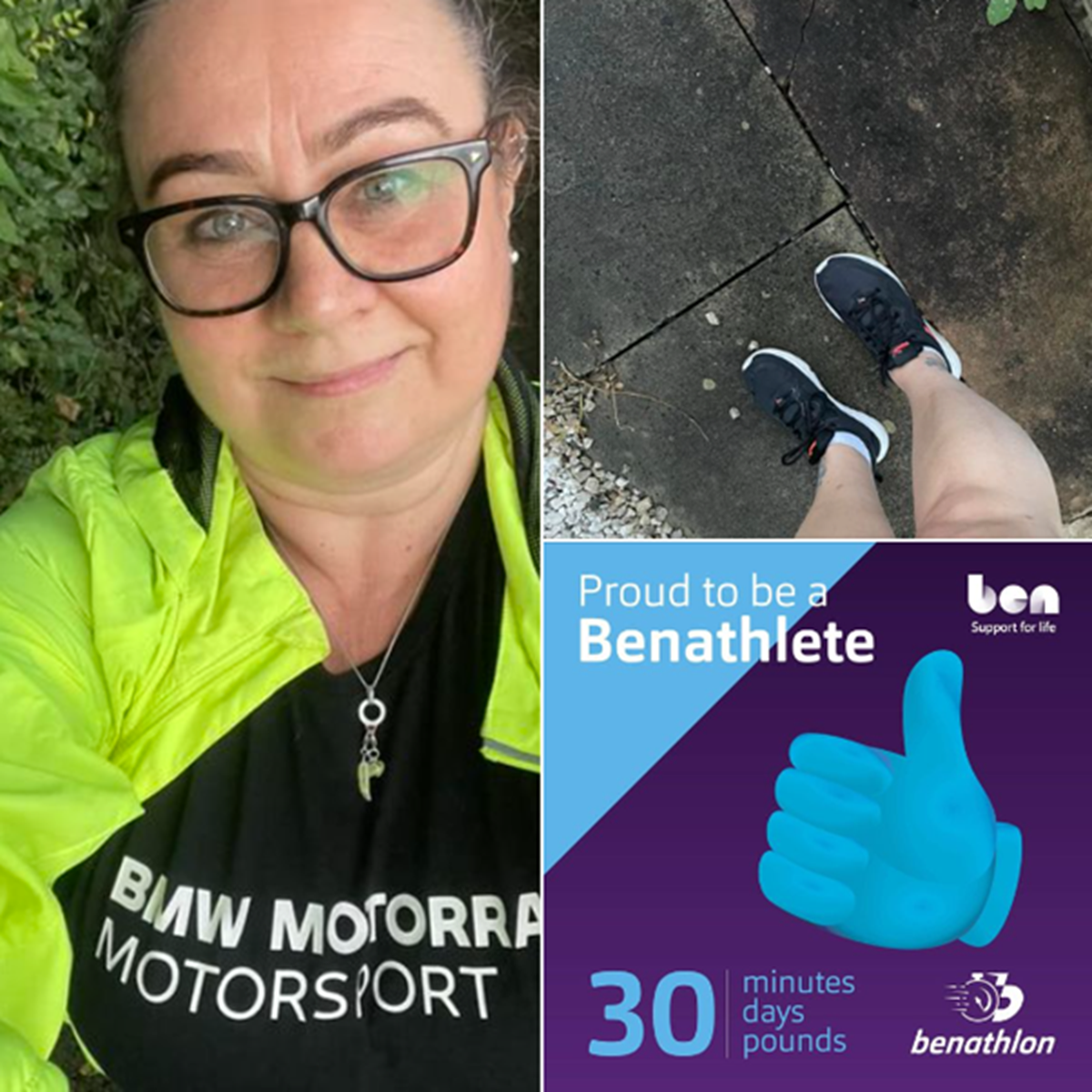 Collage: a Benathlon participant in a hi-vis jacket takes a selfie, her trainers on a pavement, and a graphic reading 'Proud to be a Benathlete - 30 minutes, days, pounds'.