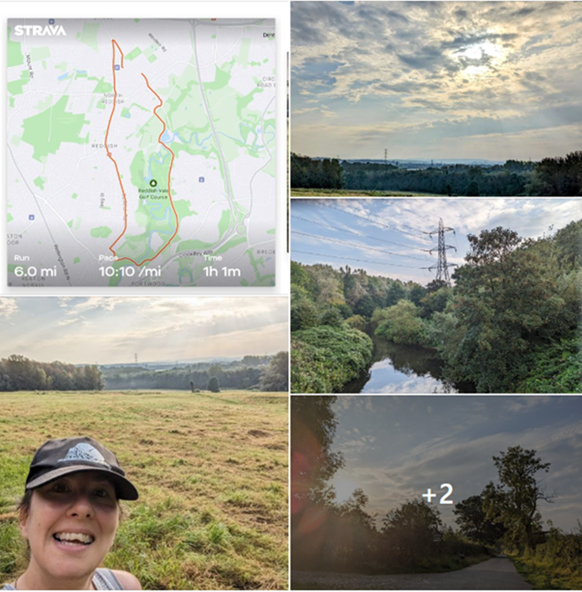 Collage of a Strava run map showing 6.0 miles in 1h 1m at 10:10 per mile, countryside views and a smiling runner in a cap taking a selfie in a field.