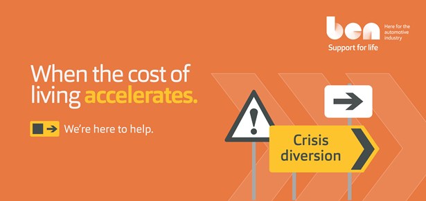Ben banner: "When the cost of living accelerates. We're here to help." with road signs reading "Crisis diversion" and a warning sign.