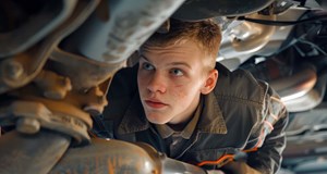 A young man is inspecting the exhaust system of a vehicle