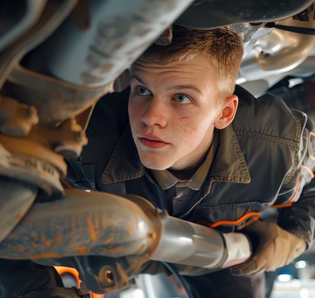 A young man is inspecting the exhaust system of a vehicle