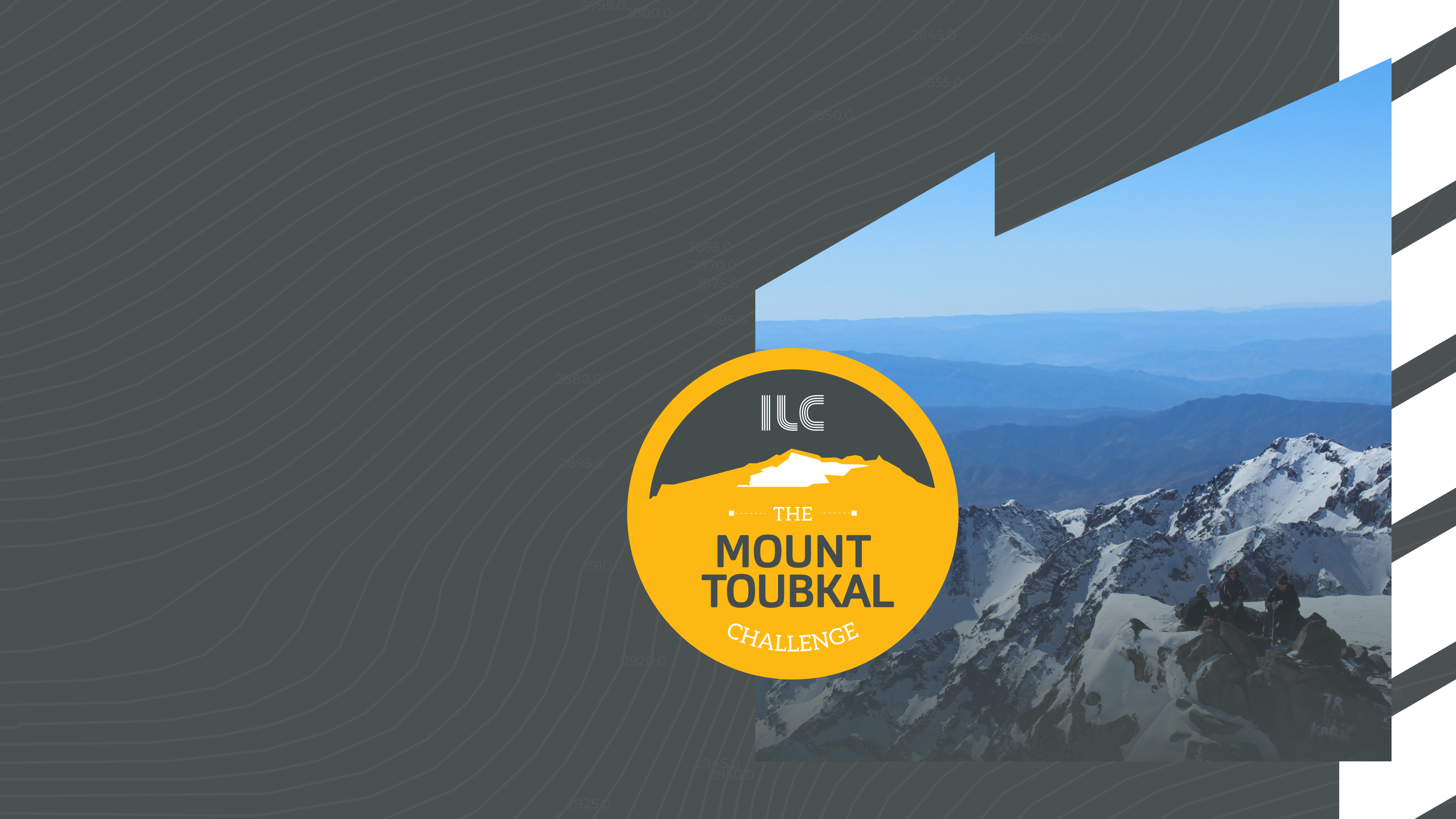 ILC 'The Mount Toubkal Challenge' badge over a photo of snow-capped mountain peaks.