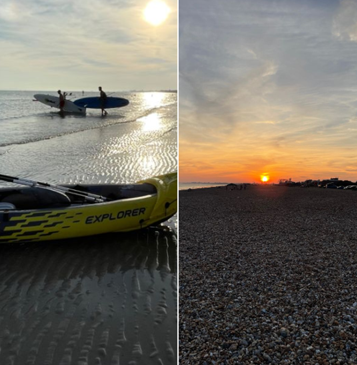 Two beach photos side by side: paddleboarders heading into the sea beside a yellow kayak, and a sunset over a pebble beach.