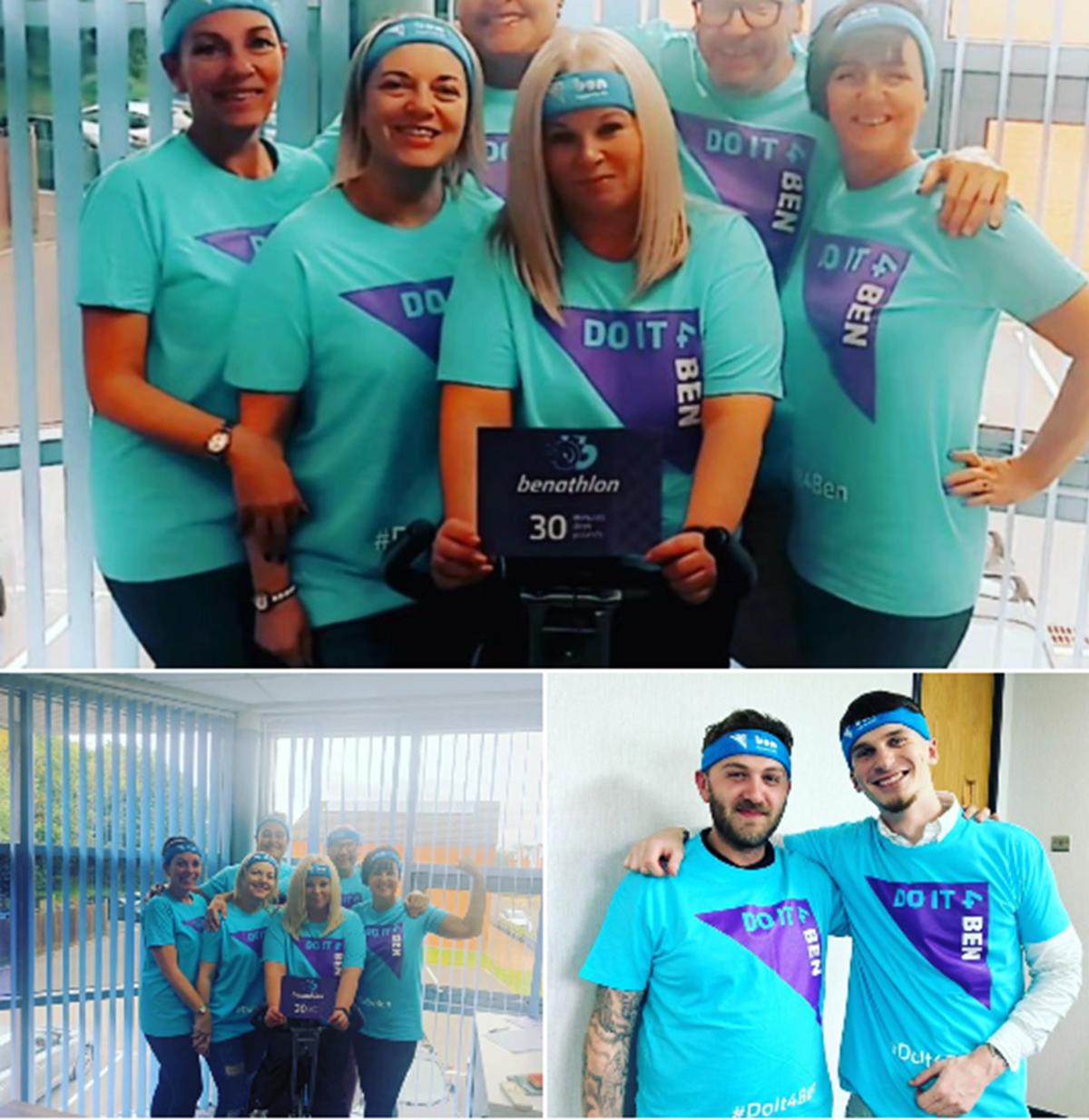 Collage of Benathlon fundraisers in turquoise 'Do It 4 Ben' T-shirts and headbands, one group holding a Benathlon sign and two men posing together.