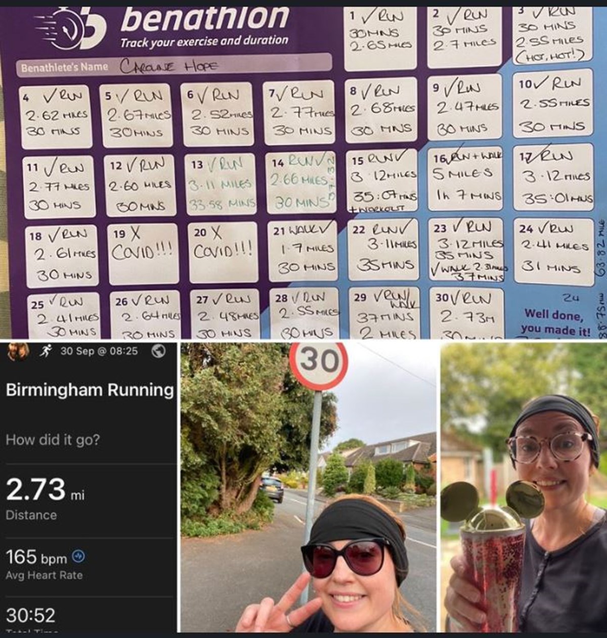 Collage: a completed Benathlon tracker chart filled in with daily runs and distances, a running app screenshot showing 2.73 miles in 30:52, and selfies of a runner by a 30mph sign and with a smoothie.
