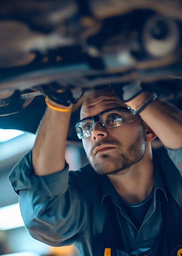 Vehicle mechanic standing under the car in a modern garage repairing or fixing vehicle.