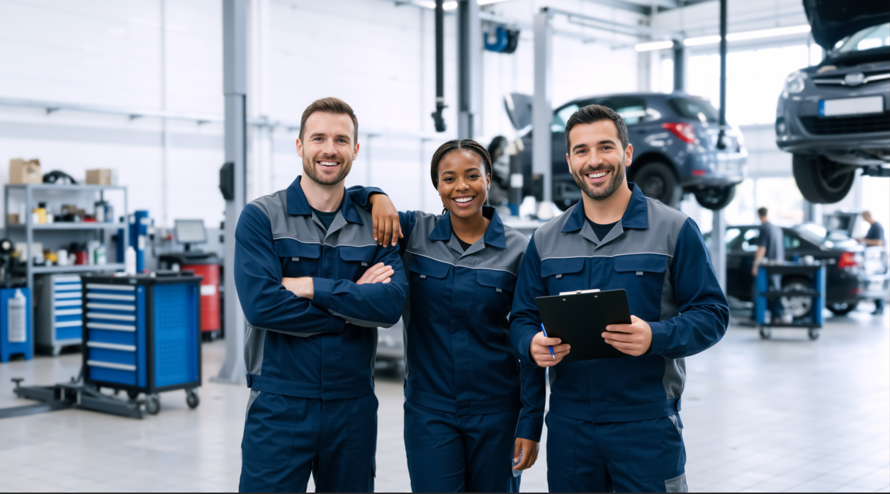 Diverse team of smiling auto mechanics standing in a modern car repair shop. Professional men and woman workers in blue uniforms holding a clipboard.