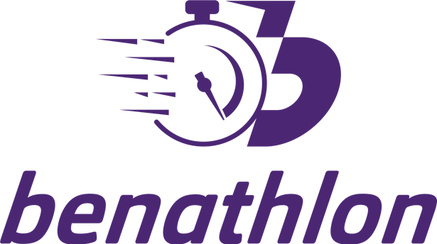 Benathlon logo: a purple stopwatch with speed lines forming a letter B, above the word 'benathlon'.