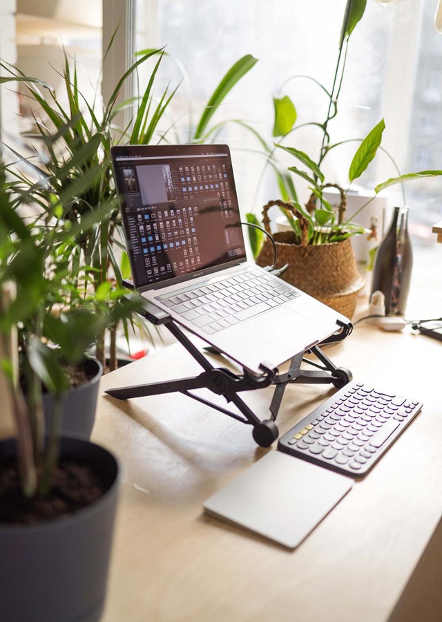 Laptop on an adjustable stand so it becomes eye level. A clean desk with additional keyboard and mouse. Several plants decorate the desk.