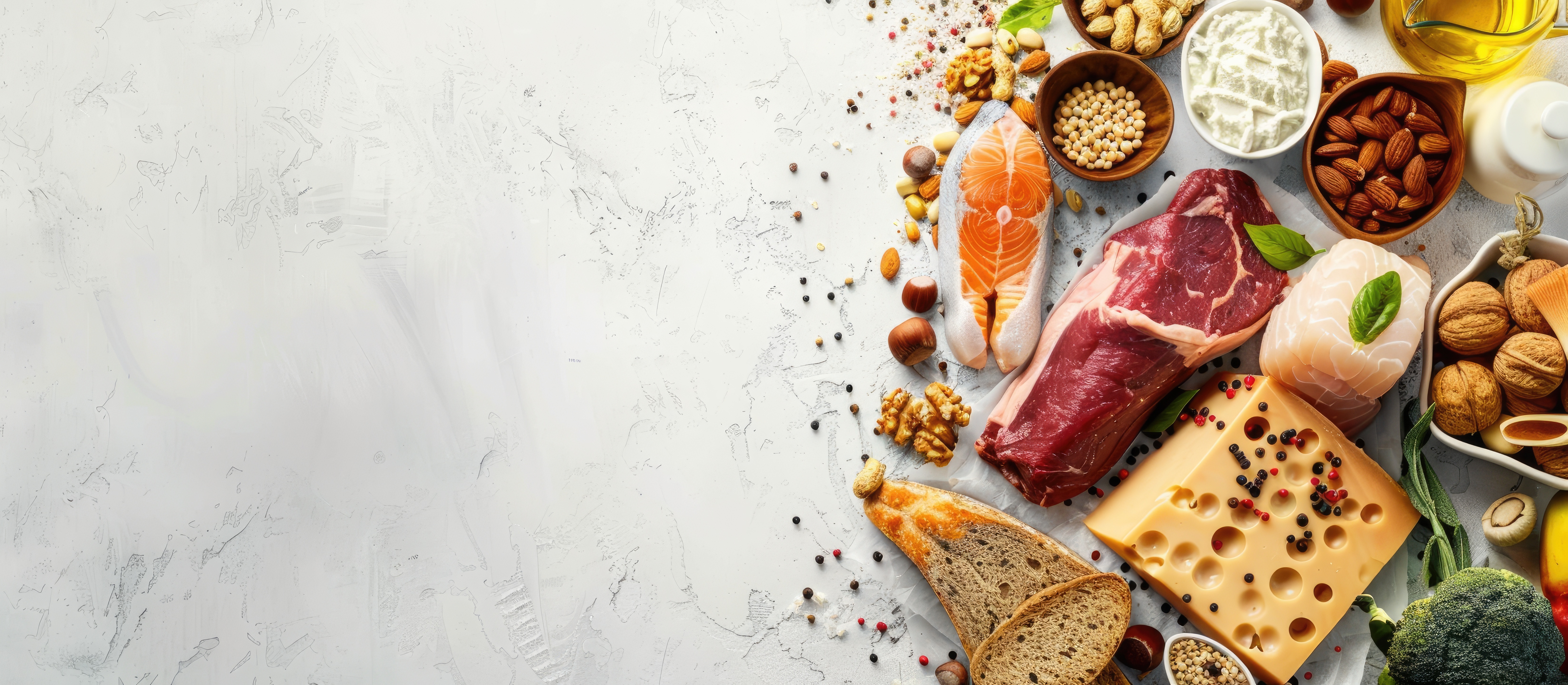 Protein-rich foods laid out on a pale surface, including salmon, red meat, white fish, cheese, nuts, seeds, yoghurt, bread, olive oil and broccoli.