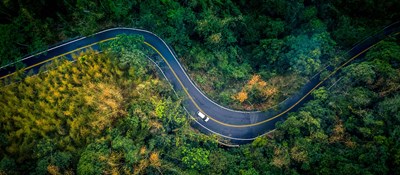 Car driving down a winding road through a forest