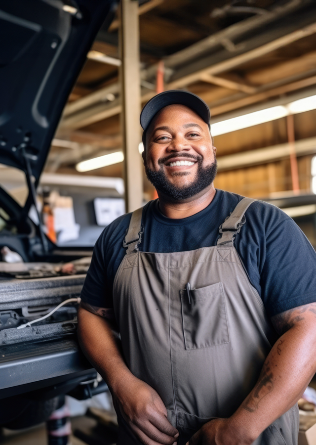 Man smiling in a garage with a cap on standing in front of a truck