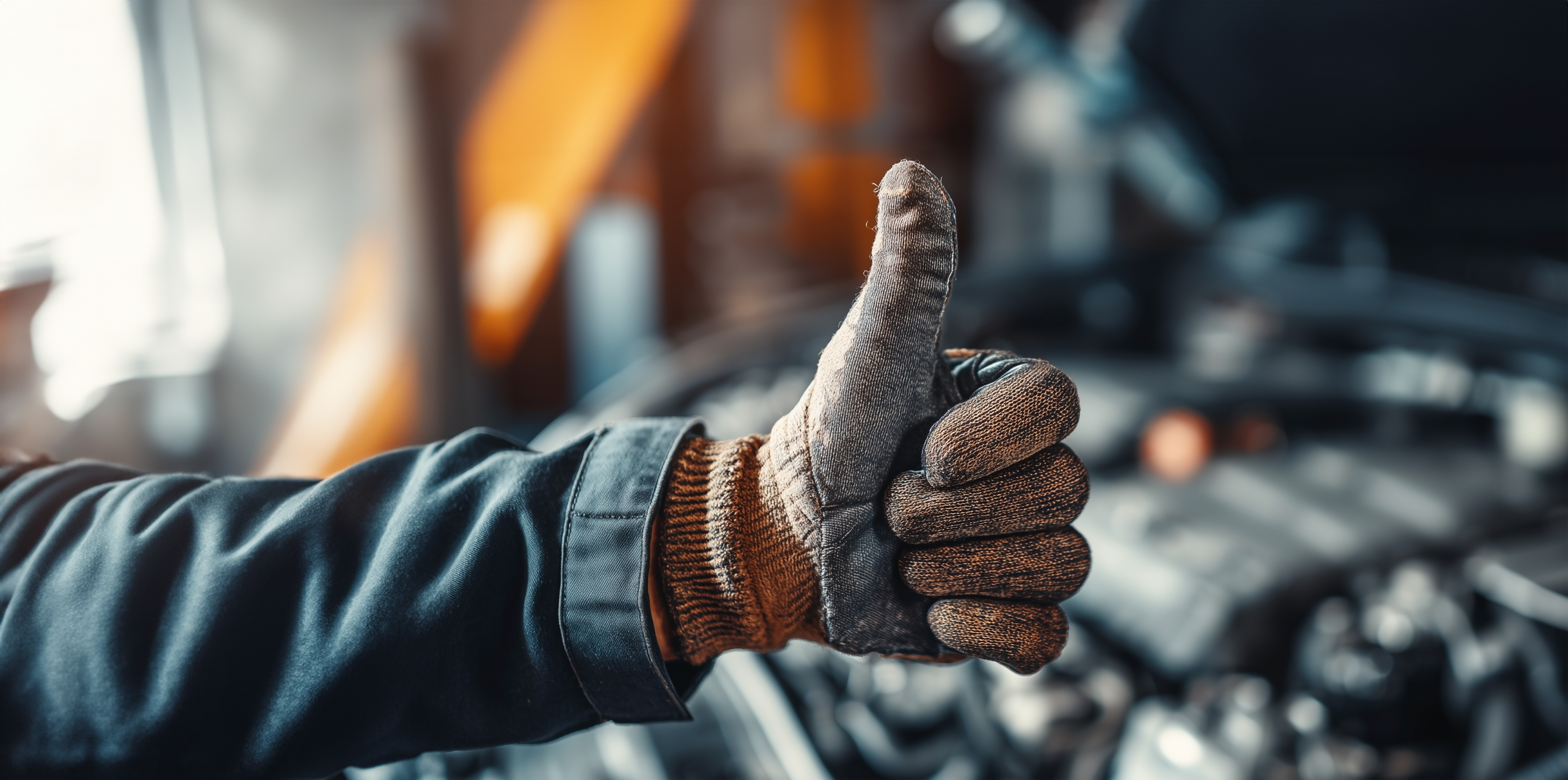 A mechanic is giving a thumbs up with a glove on to a car engine.