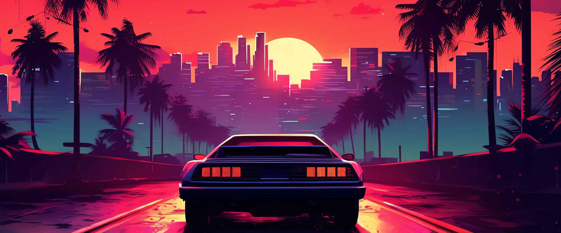 RevUp4Ben 80's style car driving into sunset 8bit style drawing