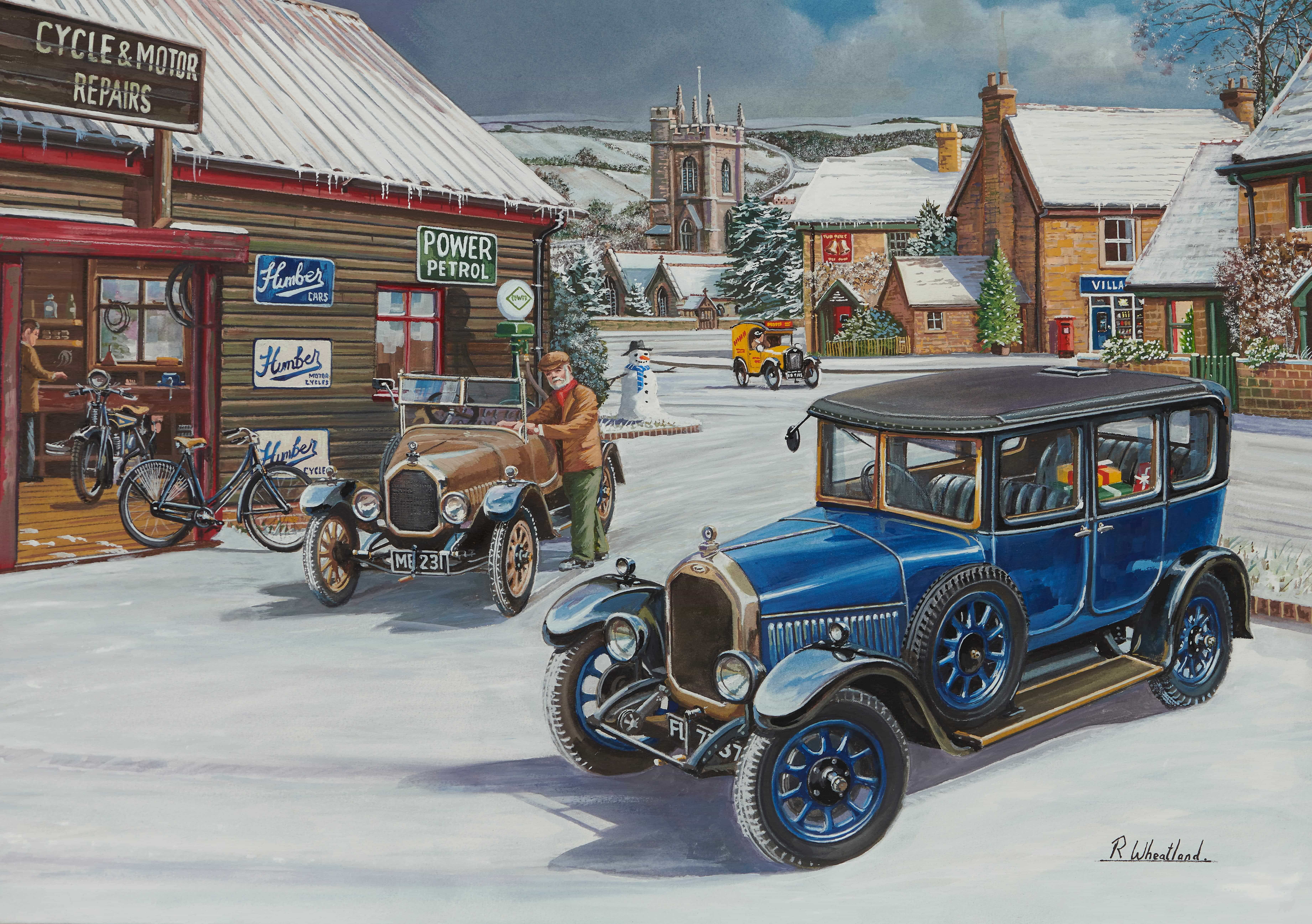 Christmas card painting of a snowy village scene with vintage cars outside a 'Cycle & Motor Repairs' garage, a snowman and church in the distance.
